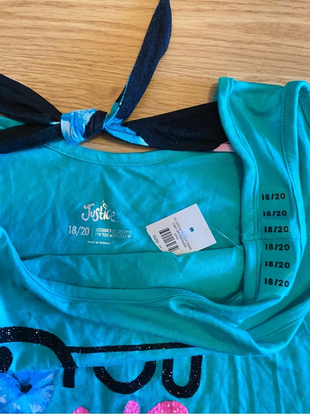 Justice Turquoise Tank with Pink Glitter Accents